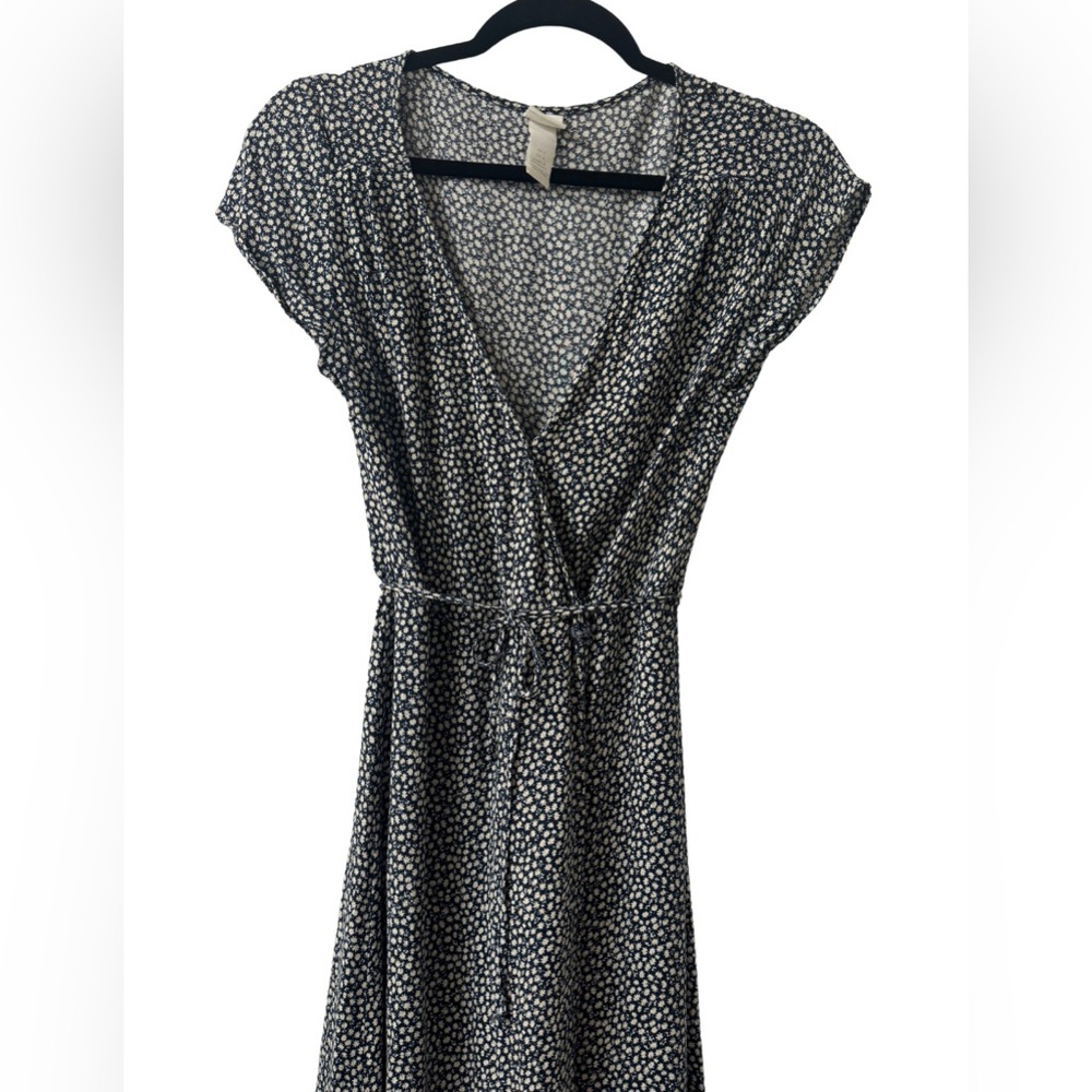Dark Blue with Tiny White Flowers Gives the Illusion of Grey/Blue Wrap Dress